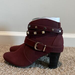 Jennifer Lopez Burgundy Ankle Boots with Buckle and Studs